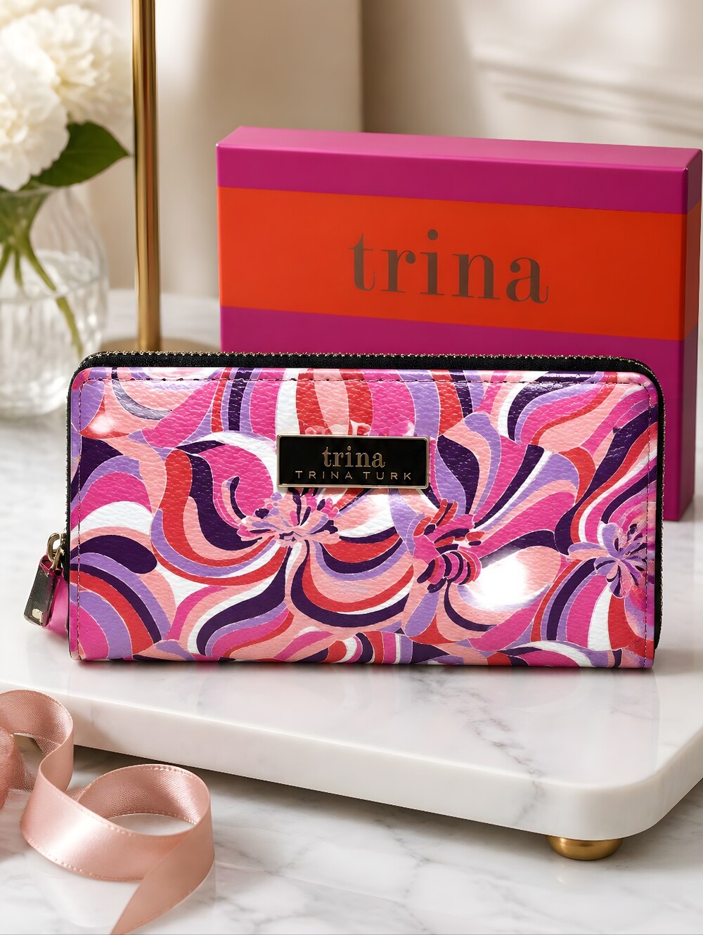 NIB Trina Turk Bohemian Pink Swirl Zip-Around Wallet - Picture 3 of 7